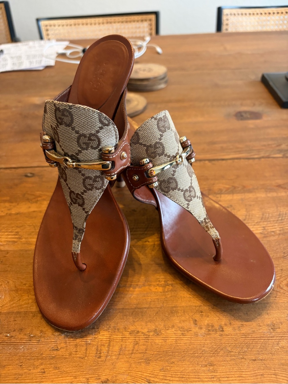 Gucci Brown & Beige GG Canvas Thong Sandals with Gold Hardware